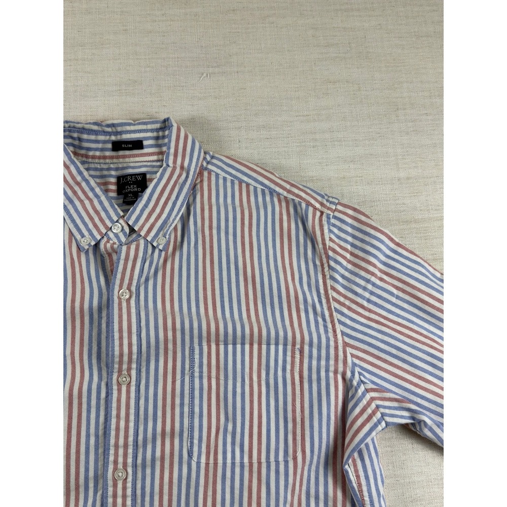 J.Crew Flex Oxford Shirt Mens XL‎ Slim Fit Red White Blue Striped Button Down